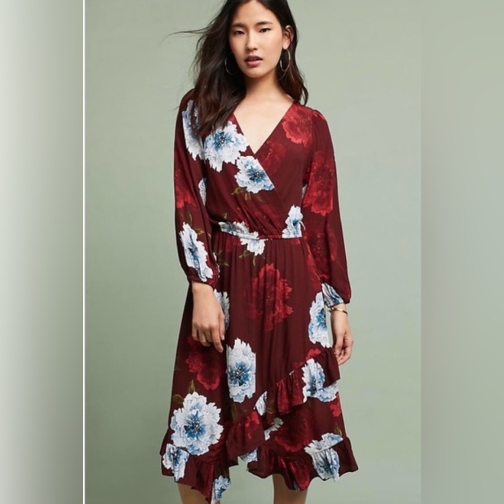 ANTHROPOLOGIE Tracy Reese Plenty Large Petite Floral Dress EUC Burgundy Ruffles